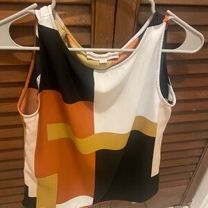 LOFT Black, White, Rust & Mustard Colorblock Wave-Print Tank